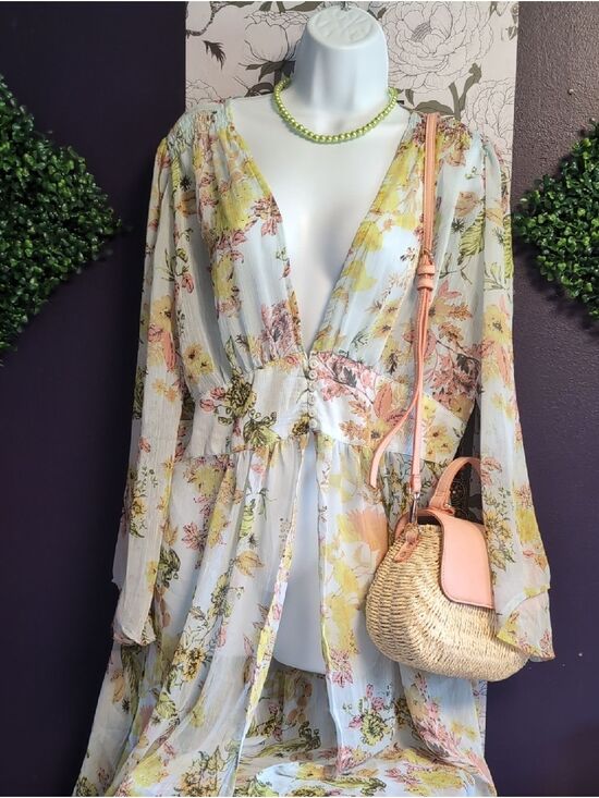 Kori Other - Kori Sheer Floral Duster/ Swim Coverup in Yellow & Pink